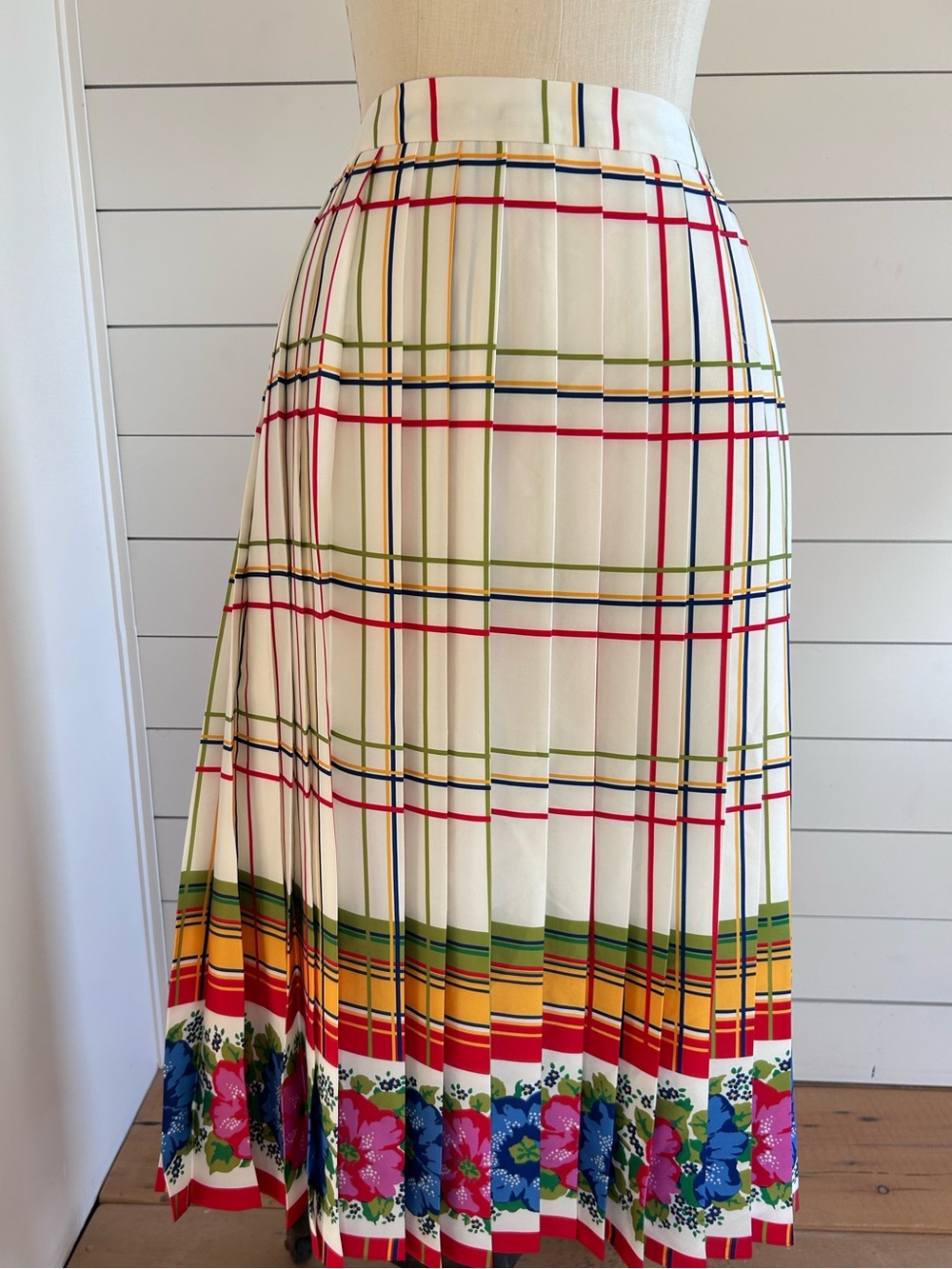 J. Crew Cream Plaid Pleated Midi Skirt with Floral Border